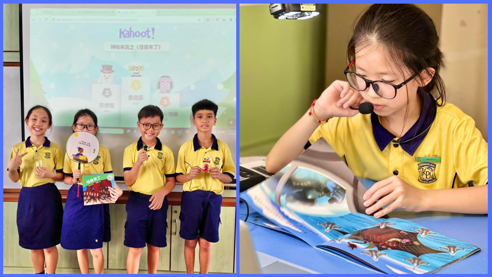 Students in yellow uniforms use tablets in a classroom while a teacher presents at a projected screen.